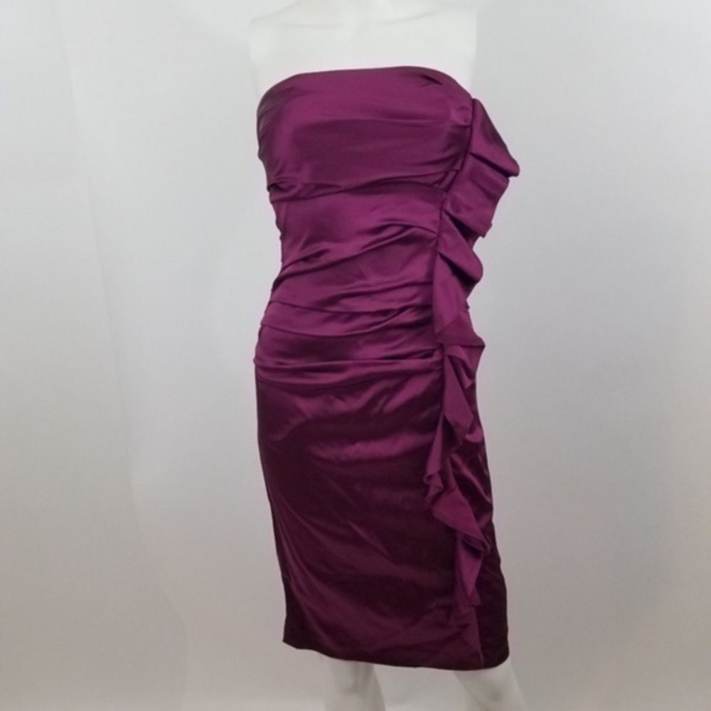 Suzi Chin dress 2 maggy boutique pink ruched strapless bodycon ruffle purple